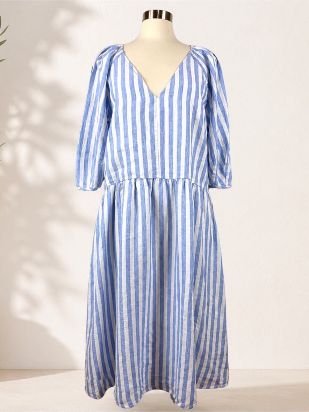 Everlane Linen Midi Dress Blue White Stripe Puff Sleeve Pockets L NWOT - Picture 4 of 16